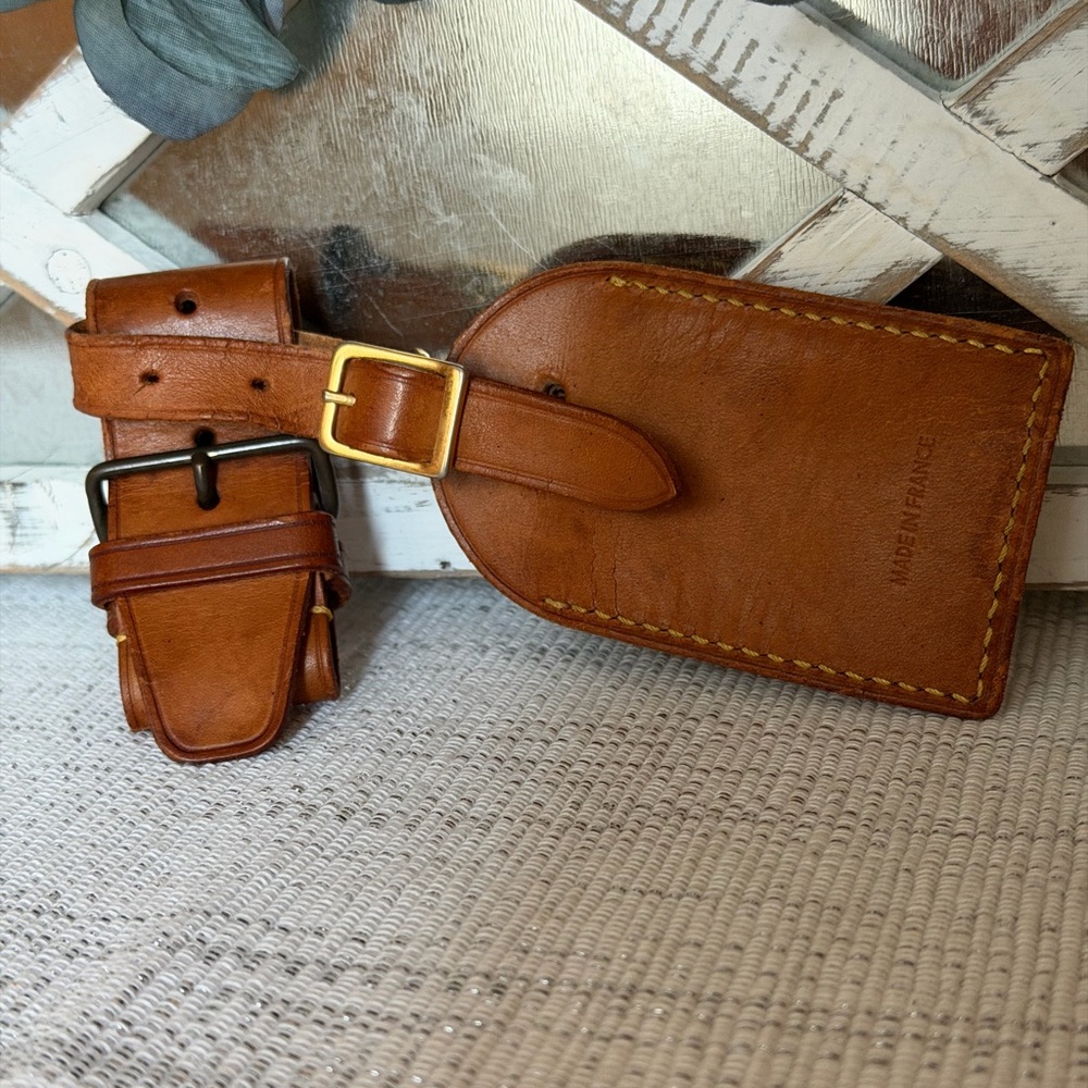 LV Louis Vuitton Luggage Tag & Poignet Set Vintage Brown Leather